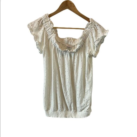 CUPIO White Eyelet Elastic Neckline Short Sleeve Elastic Bottom Bubble Top S - Picture 1 of 8